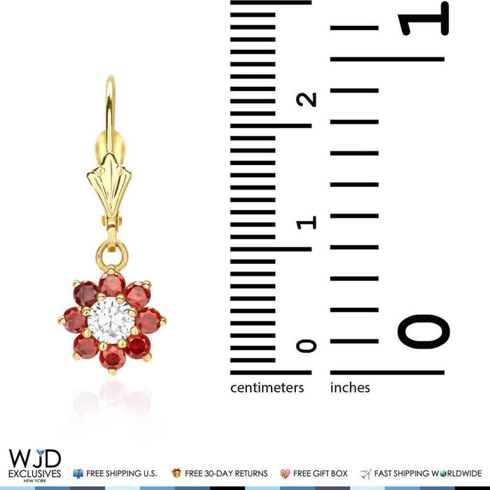 14K Yellow Gold CZ Birthstone Flower Dangle Leverback Earrings