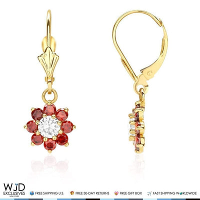 14K Yellow Gold CZ Birthstone Flower Dangle Leverback Earrings