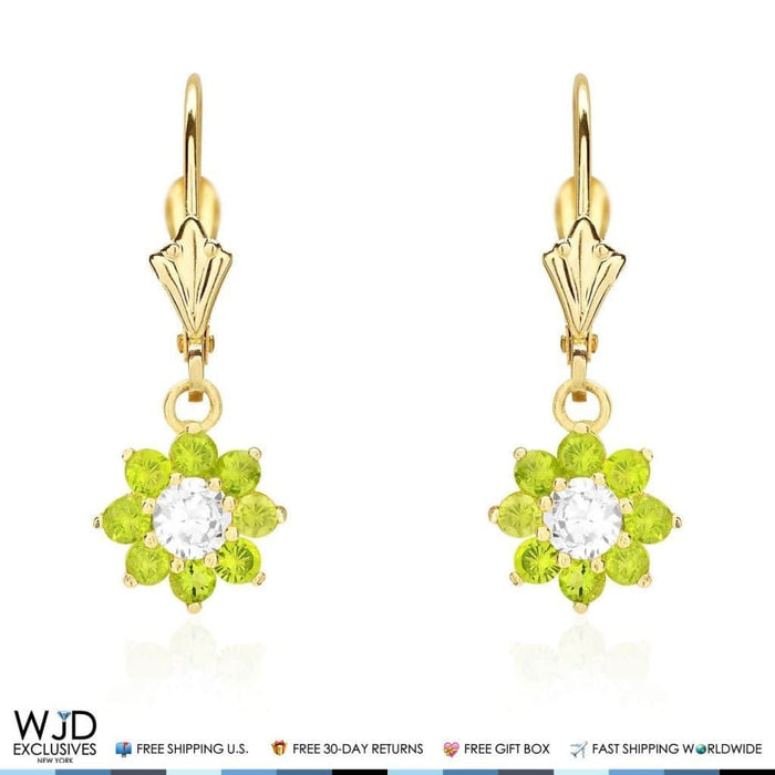14K Yellow Gold CZ Birthstone Flower Dangle Leverback Earrings