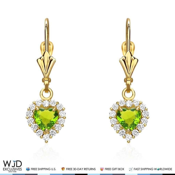 1Ct CZ Peridot Heart Dangle Leverback 14K Yellow Gold Earrings