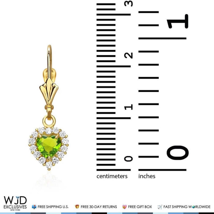 1Ct CZ Peridot Heart Dangle Leverback 14K Yellow Gold Earrings