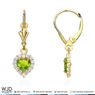 1Ct CZ Peridot Heart Dangle Leverback 14K Yellow Gold Earrings