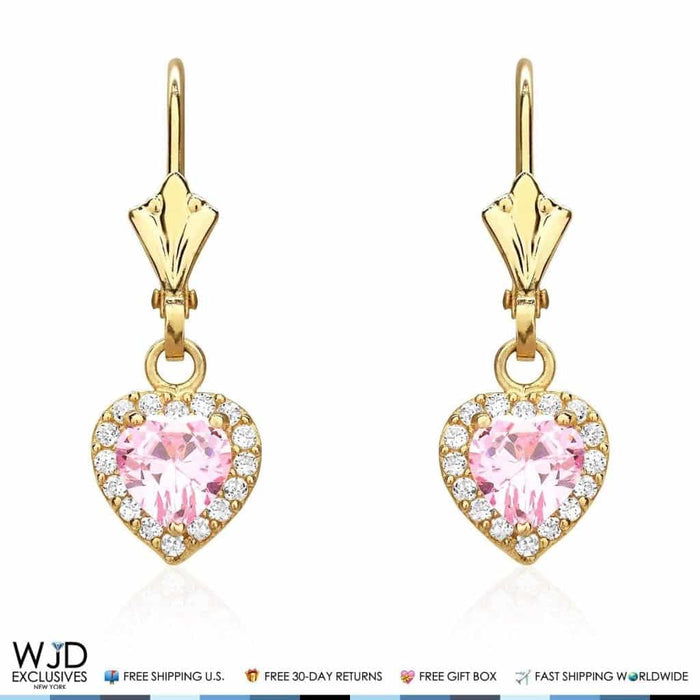1CT CZ Pink Tourmaline Heart Dangle Leverback 14K Gold Earrings