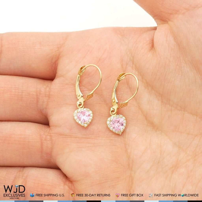 1CT CZ Pink Tourmaline Heart Dangle Leverback 14K Gold Earrings
