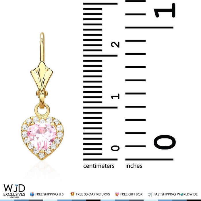 1CT CZ Pink Tourmaline Heart Dangle Leverback 14K Gold Earrings