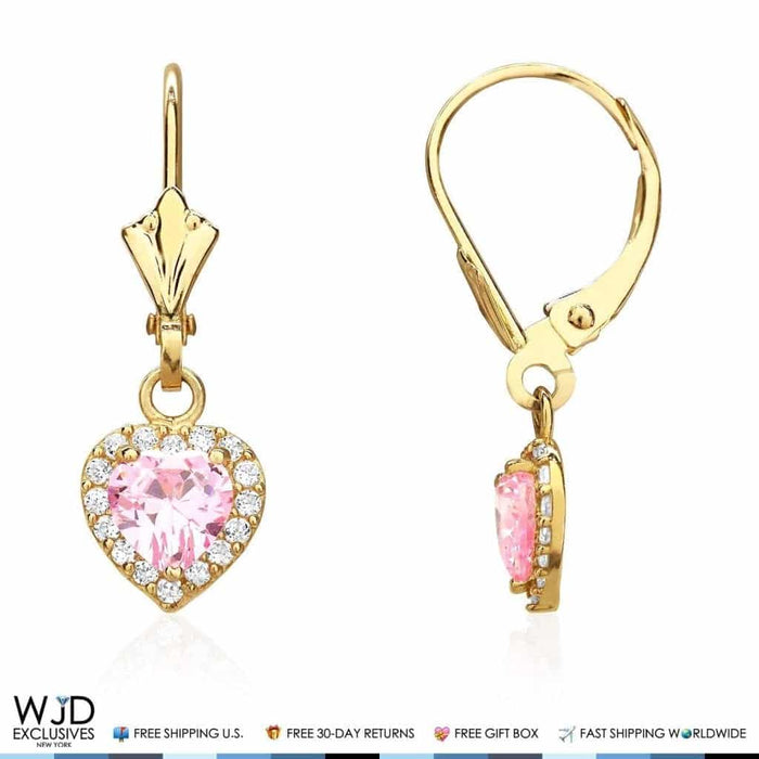 1CT CZ Pink Tourmaline Heart Dangle Leverback 14K Gold Earrings