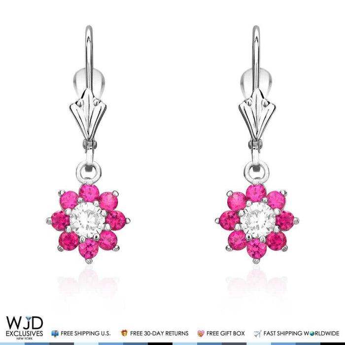 1Ct CZ Birthstone 14K White Gold Flower Dangle Leverback Earrings