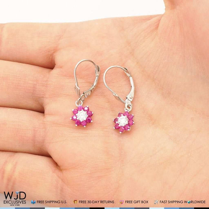 1Ct CZ Birthstone 14K White Gold Flower Dangle Leverback Earrings