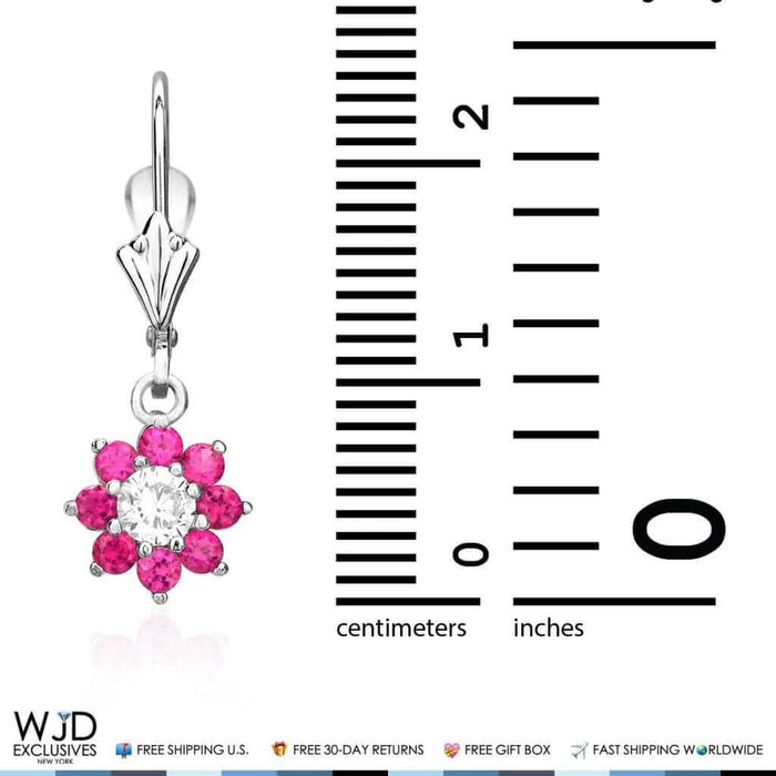1Ct CZ Birthstone 14K White Gold Flower Dangle Leverback Earrings