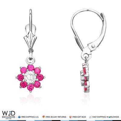 1Ct CZ Birthstone 14K White Gold Flower Dangle Leverback Earrings