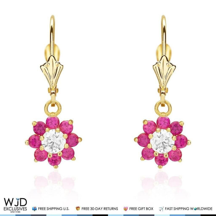 14K Yellow Gold CZ Birthstone Flower Dangle Leverback Earrings