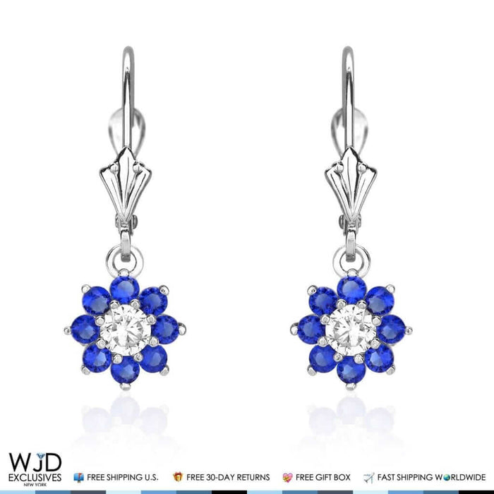 1Ct CZ Birthstone 14K White Gold Flower Dangle Leverback Earrings