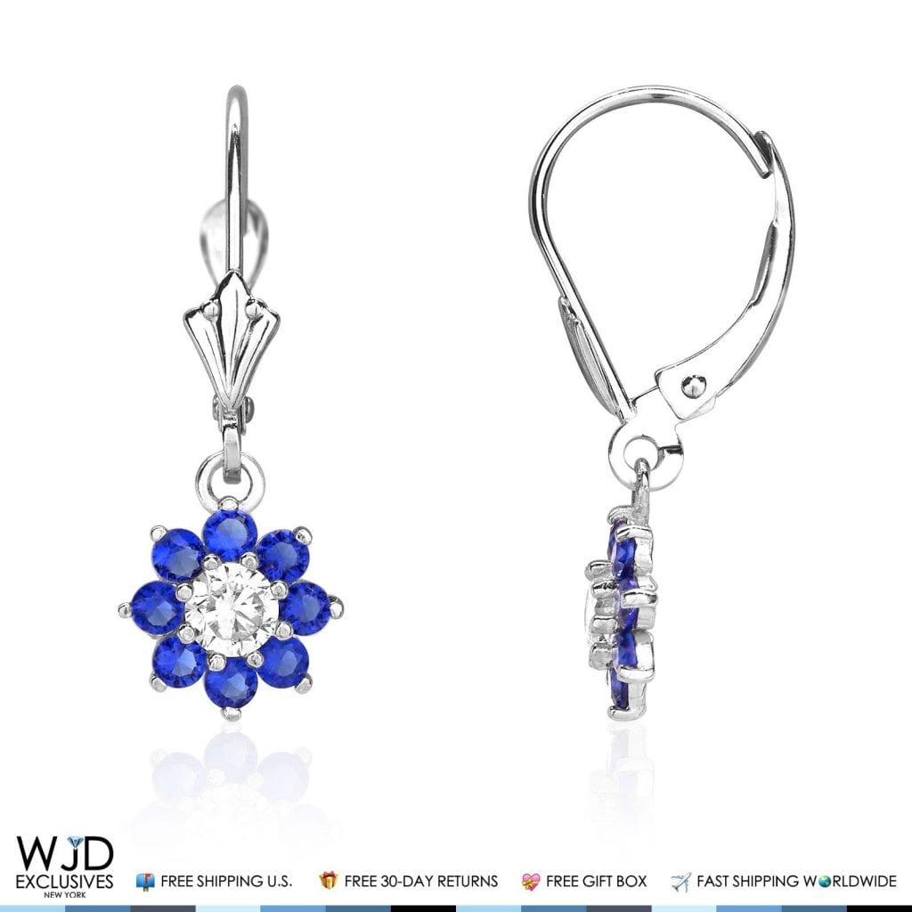 1Ct CZ Birthstone 14K White Gold Flower Dangle Leverback Earrings