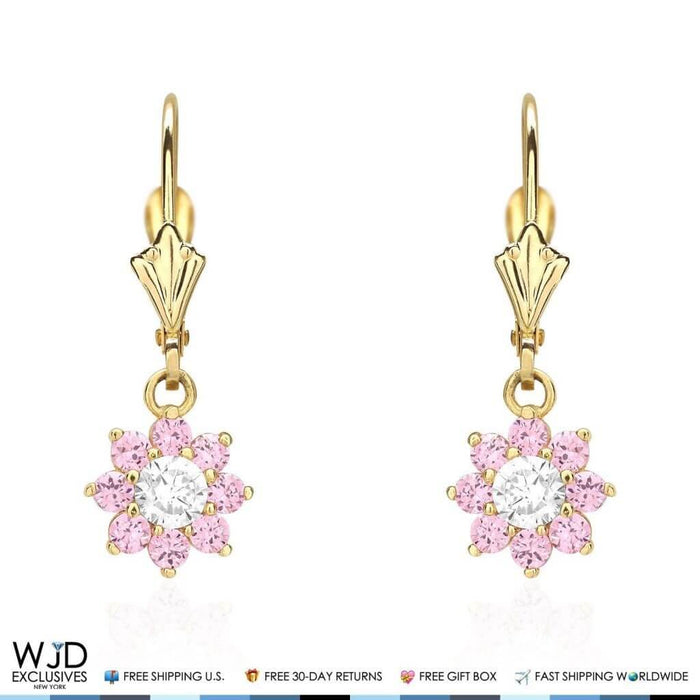 14K Yellow Gold CZ Birthstone Flower Dangle Leverback Earrings