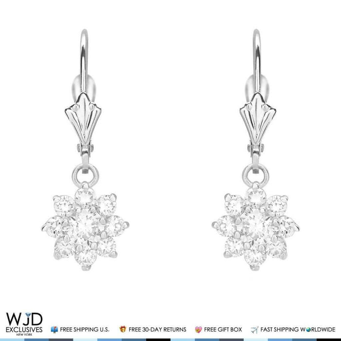 1Ct CZ Birthstone 14K White Gold Flower Dangle Leverback Earrings