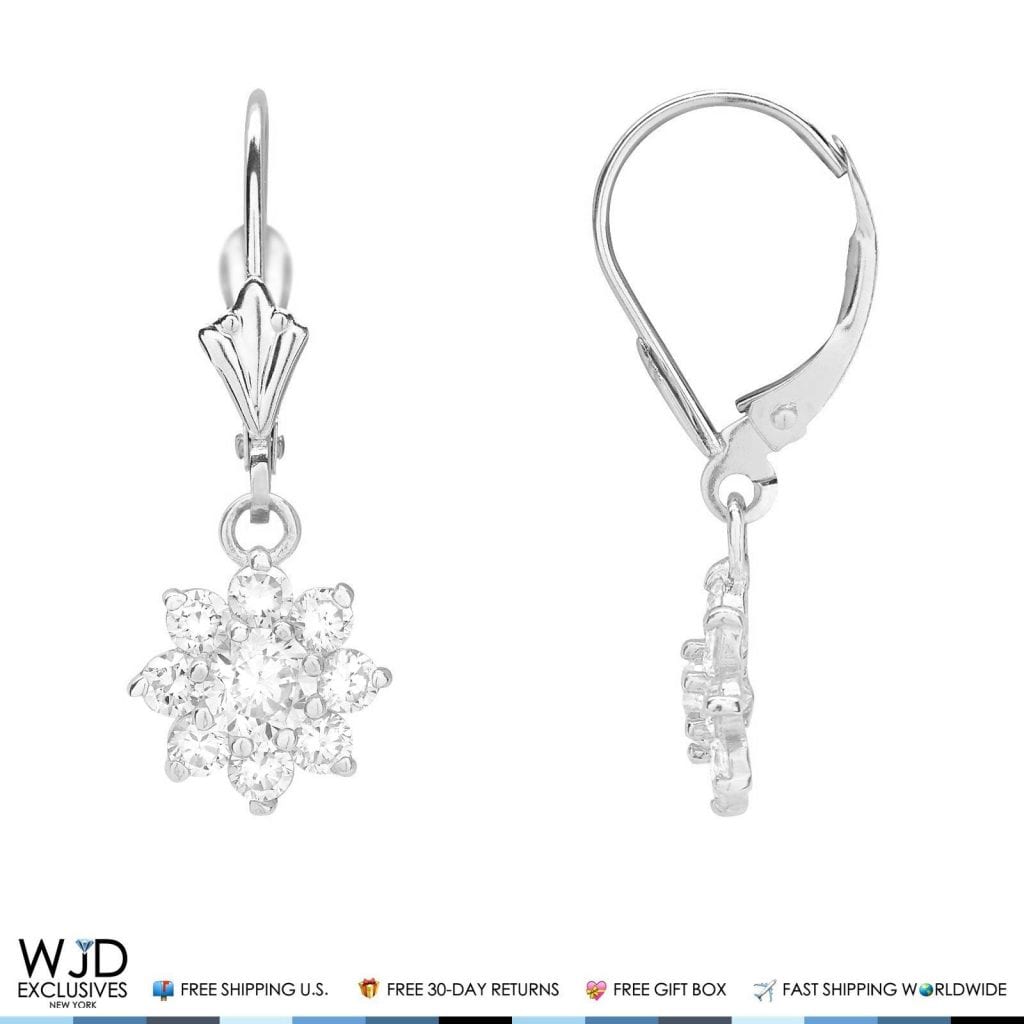 1Ct CZ Birthstone 14K White Gold Flower Dangle Leverback Earrings