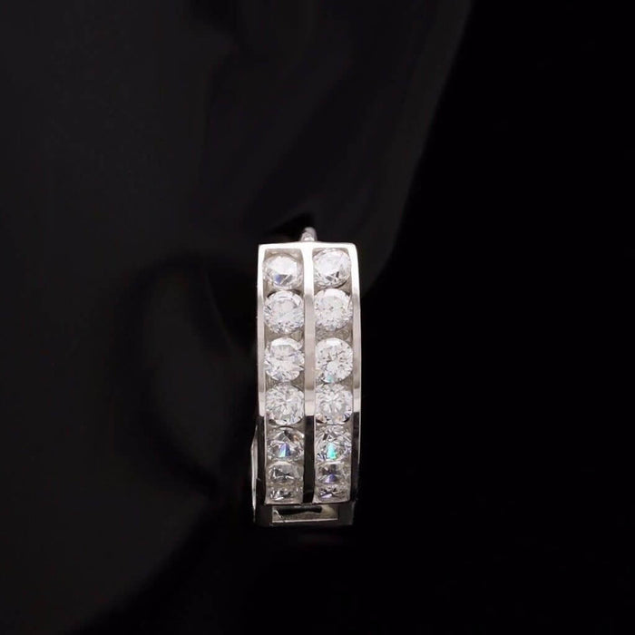 1Ct Double-Row CZ Huggie Hoop 14K White Gold Earrings 14mm