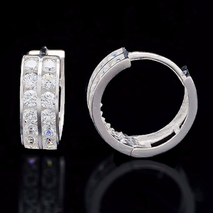 1Ct Double-Row CZ Huggie Hoop 14K White Gold Earrings 14mm
