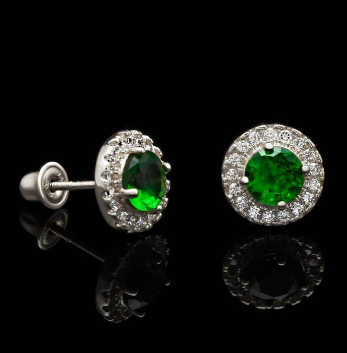 1Ct Emerald Round CZ Halo Stud Earrings 14K White Gold