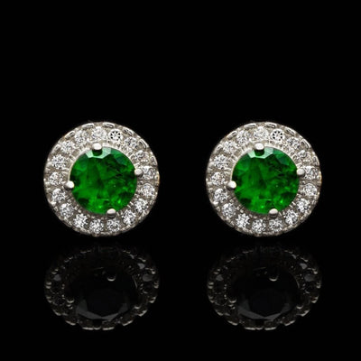 1Ct Emerald Round CZ Halo Stud Earrings 14K White Gold