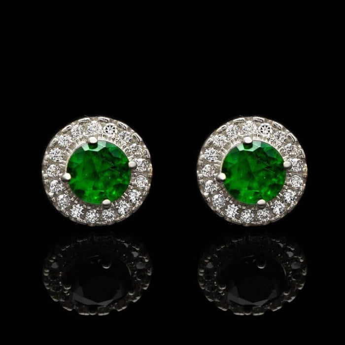 1Ct Emerald Round CZ Halo Stud Earrings 14K White Gold