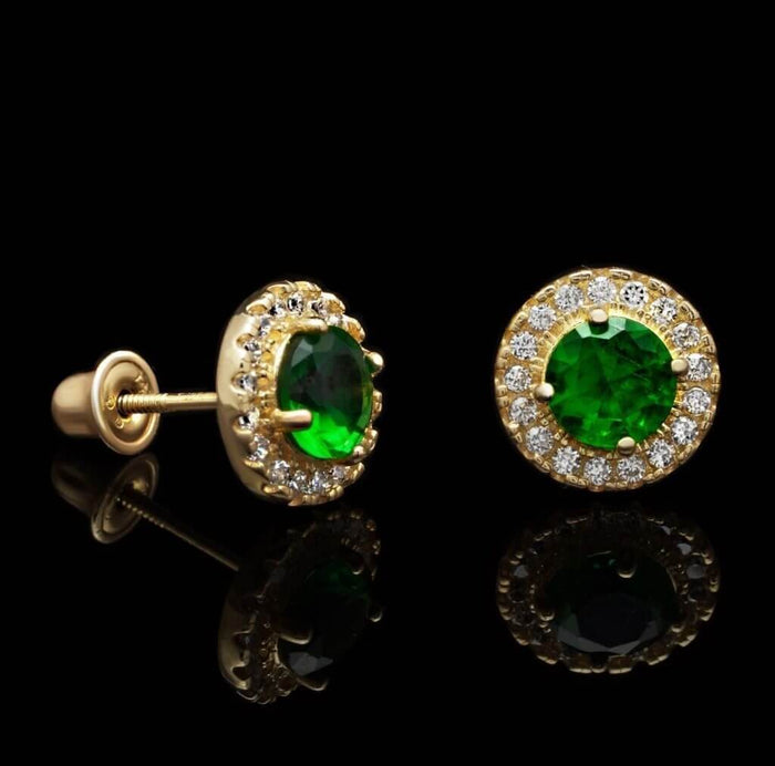 1CTW CZ Emerald 14K Gold Round Halo Stud Earrings