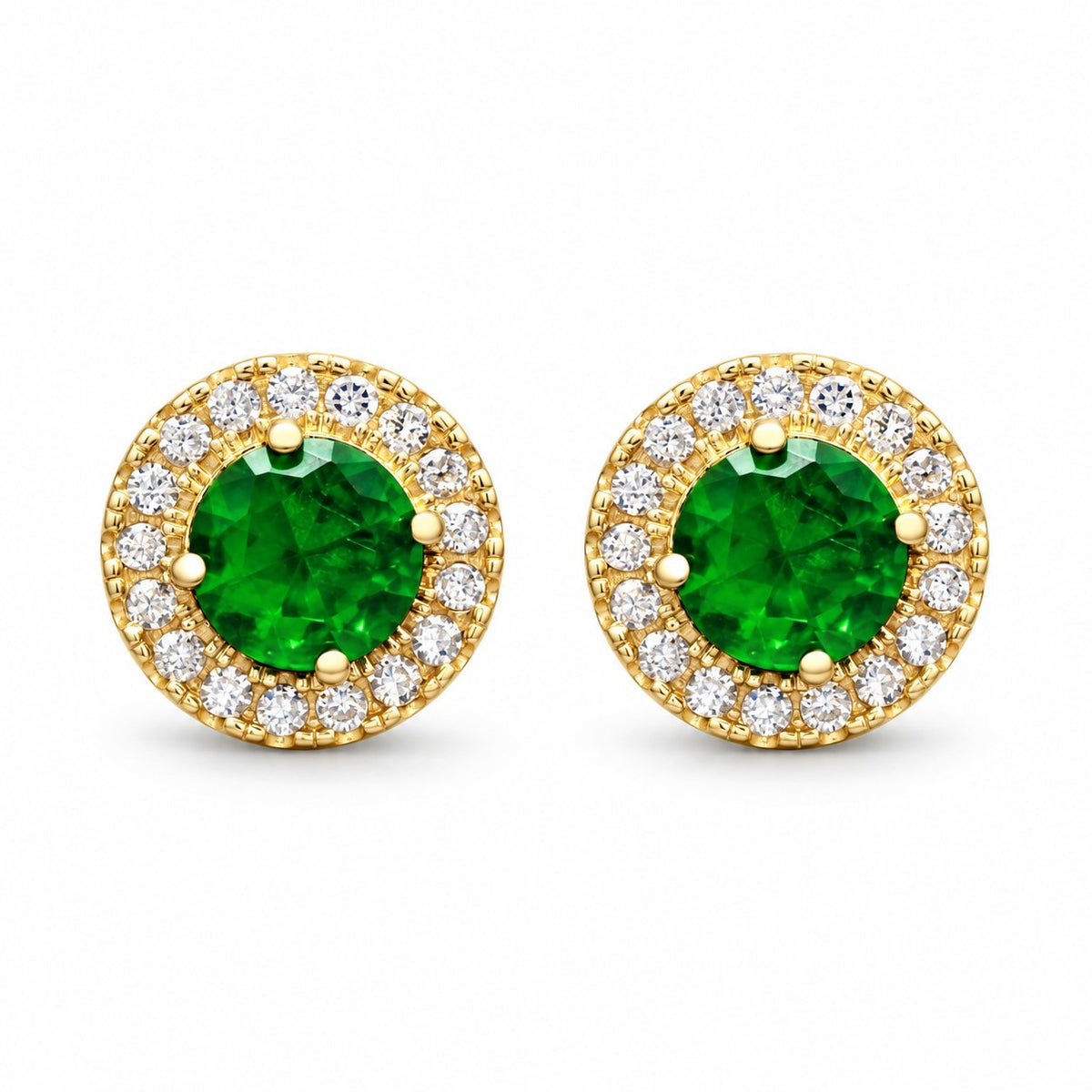 1CTW CZ Emerald 14K Gold Round Halo Stud Earrings
