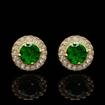 1CTW CZ Emerald 14K Gold Round Halo Stud Earrings