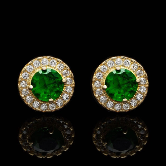 1CTW CZ Emerald 14K Real Gold Round Halo Stud Earrings