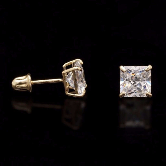 1Ct Princess-Cut 14K Yellow Gold CZ Screw Back Stud Earrings