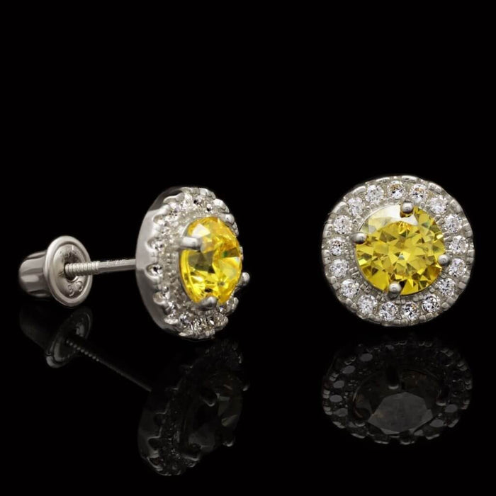 1CTW CZ Round & Citrine 14K White Gold Halo Stud Earrings