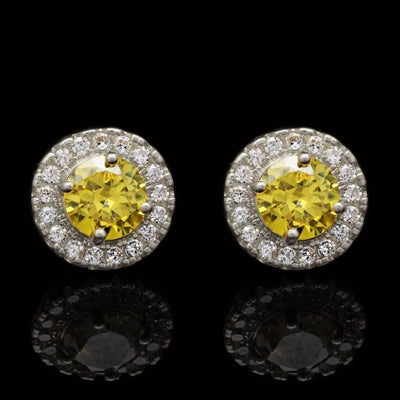 1CTW CZ Round & Citrine 14K White Gold Halo Stud Earrings