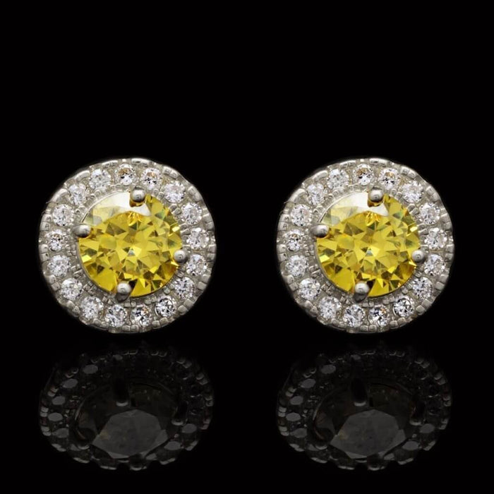 1CTW CZ Round & Citrine 14K White Gold Halo Stud Earrings