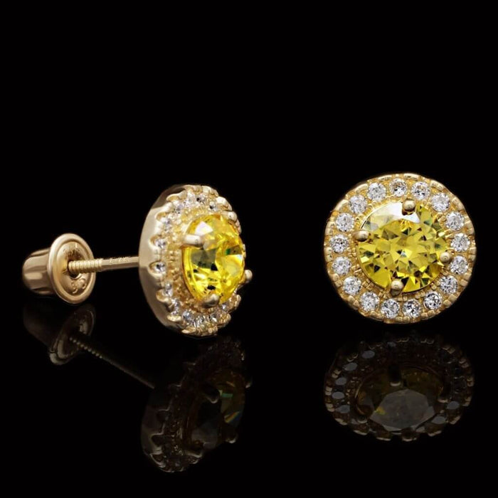 14K Yellow Gold 1Ct Round CZ Citrine Halo Stud Earrings