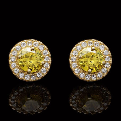 14K Yellow Gold 1Ct Round CZ Citrine Halo Stud Earrings