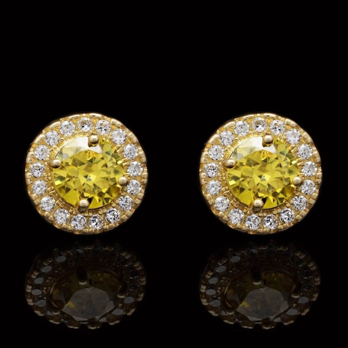 14K Yellow Gold 1Ct Round CZ Citrine Halo Stud Earrings