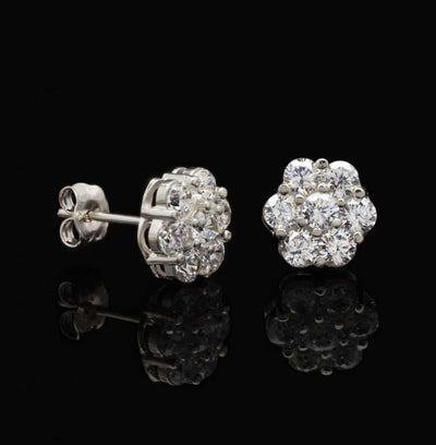 1Ct CZ Earrings 14K White Gold Round Flower Cluster Studs