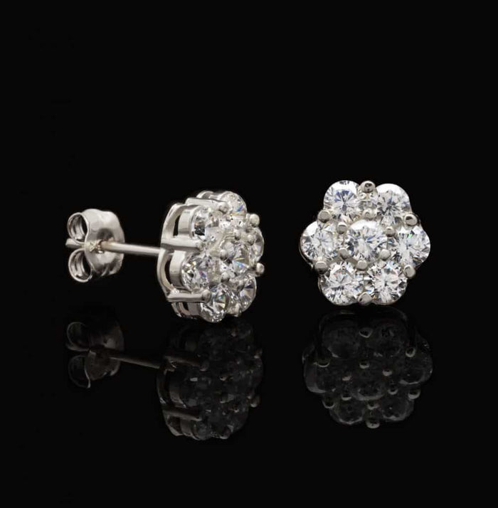 1Ct CZ Earrings 14K White Gold Round Flower Cluster Studs