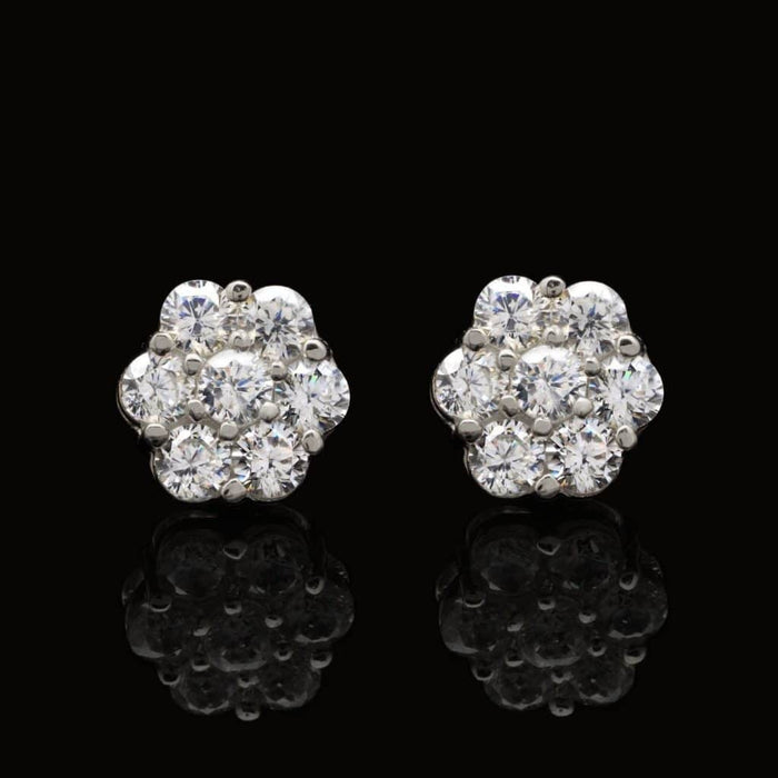 1Ct CZ Earrings 14K White Gold Round Flower Cluster Studs