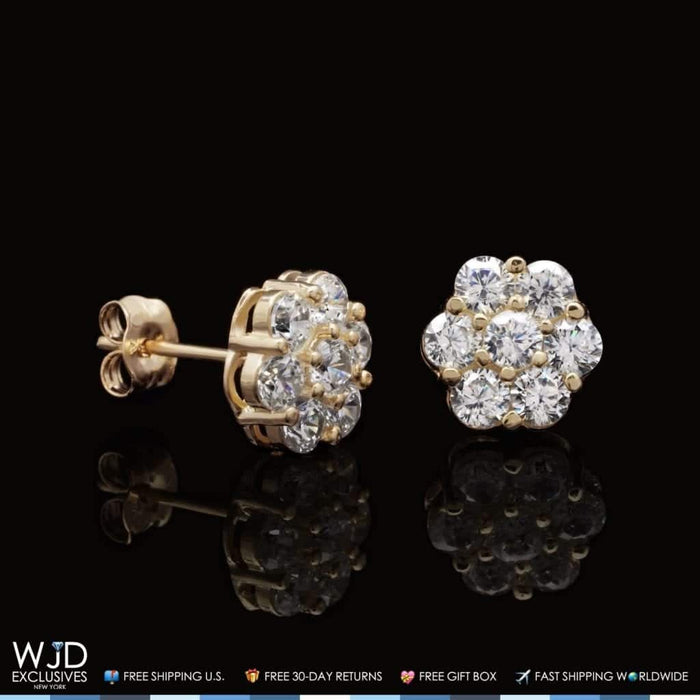 1Ct Round CZ 14K Yellow Gold Flower Cluster Stud Earrings 7mm
