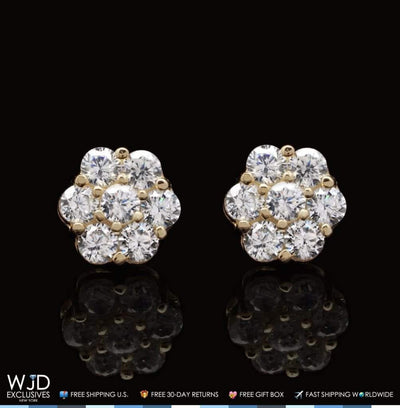 1Ct Round CZ 14K Yellow Gold Flower Cluster Stud Earrings 7mm