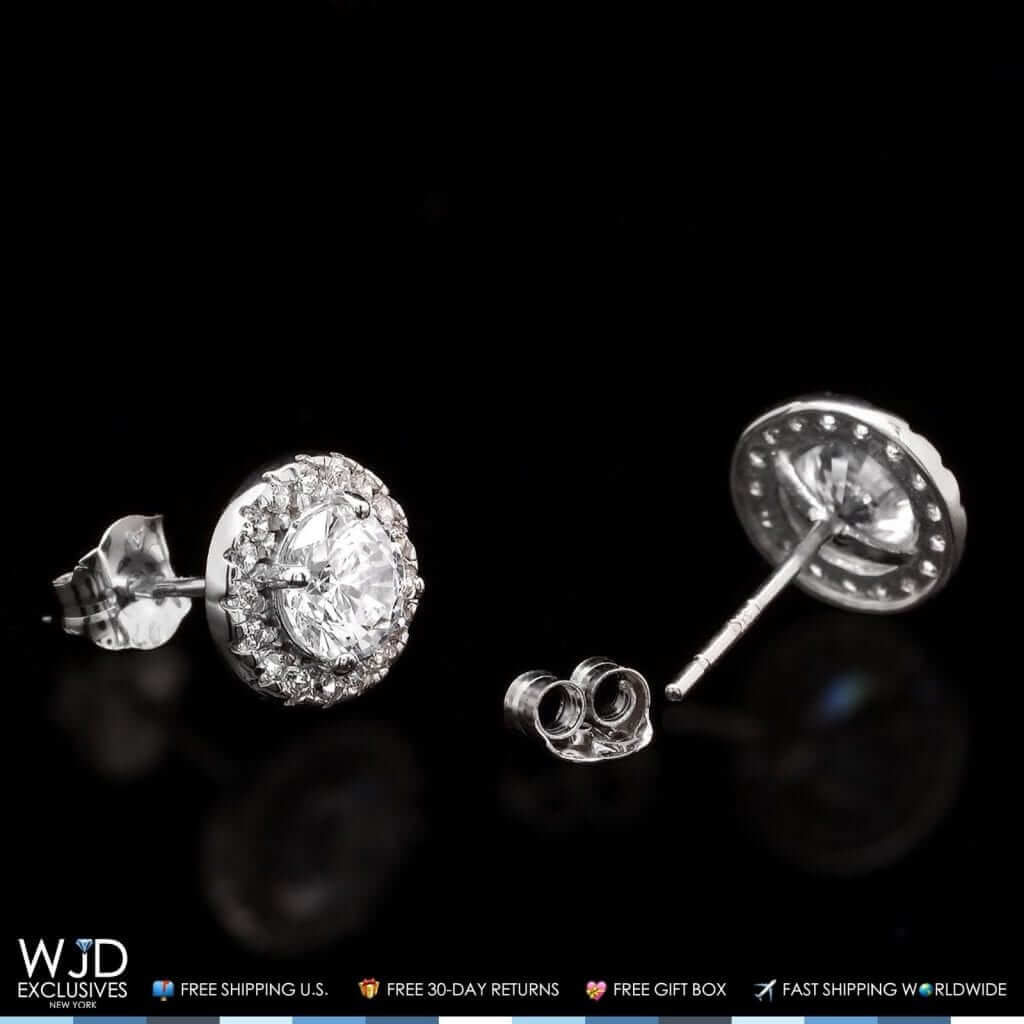 1Ct Round CZ 14K White Gold Halo Push Back Stud Earrings