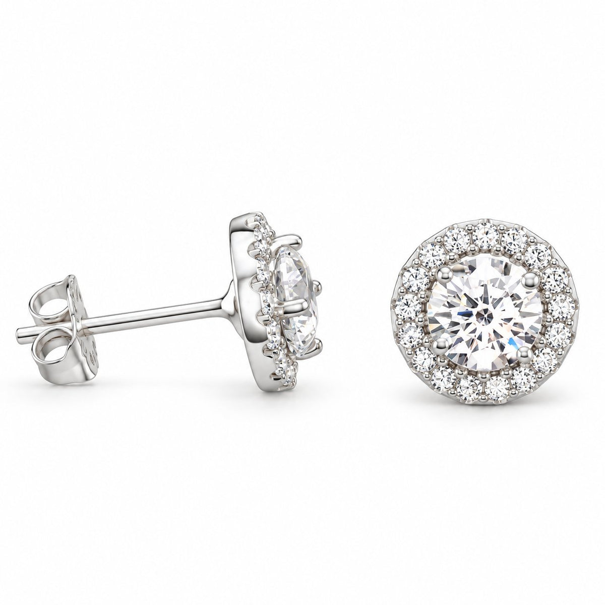 1Ct Round CZ 14K White Gold Halo Push Back Stud Earrings
