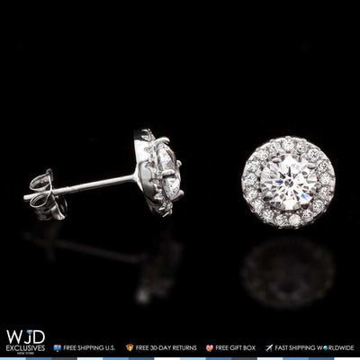 1Ct Round CZ 14K White Gold Halo Push Back Stud Earrings