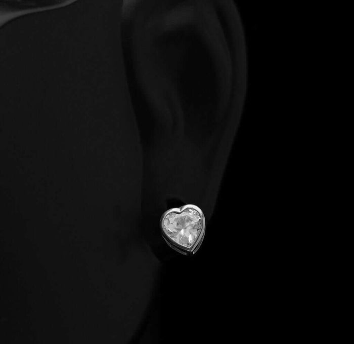 1Ct CZ Solitaire Bezel Stud Earrings Heart Shape 14k White Gold