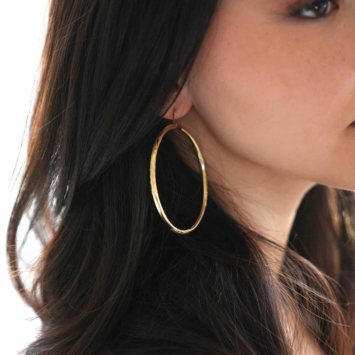 14K Yellow Gold 3mm Thick Diamond-Cut Hoop Earrings 2.7"