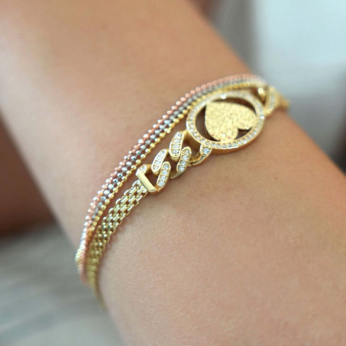 0.70CTW CZ 14K Yellow Gold Cuban Bismark Heart Bracelet (Hollow) 7.25" - WJD Exclusives