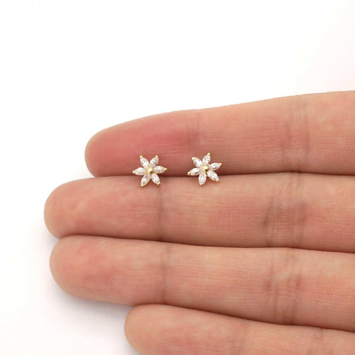 Marquise-Cut White Zircon Flower Screw Back Stud Kid Earrings 14k Yellow Gold