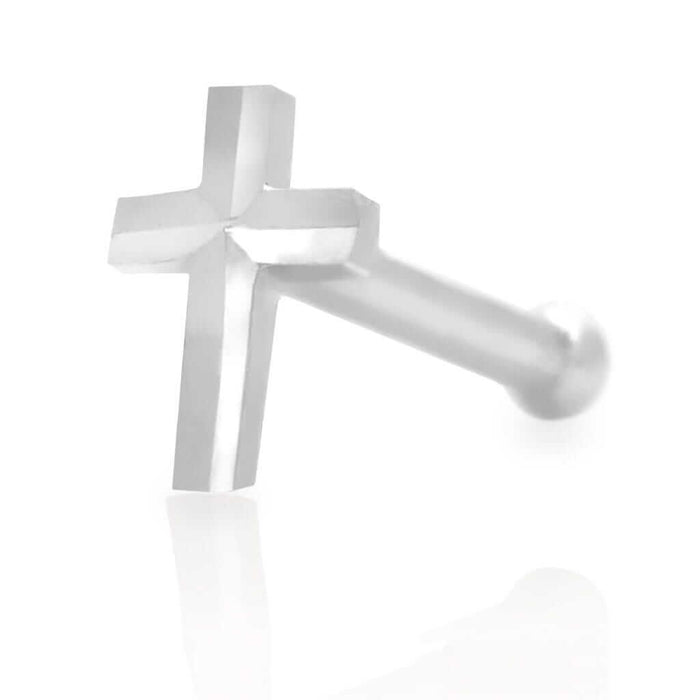 14K White Gold Diamond-Cut Cross Nose Bone Stud Ring 20G