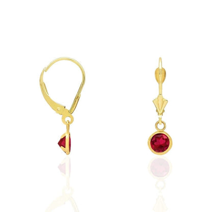 14k Yellow Gold Round Bezel Simulated Birthstone Drop Leverback Earrings